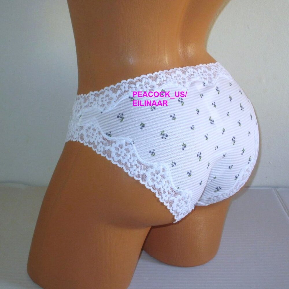 VICTORIA SECRET Cotton Shadow Stripe Lace Trim Bikini Panty White Floral XL